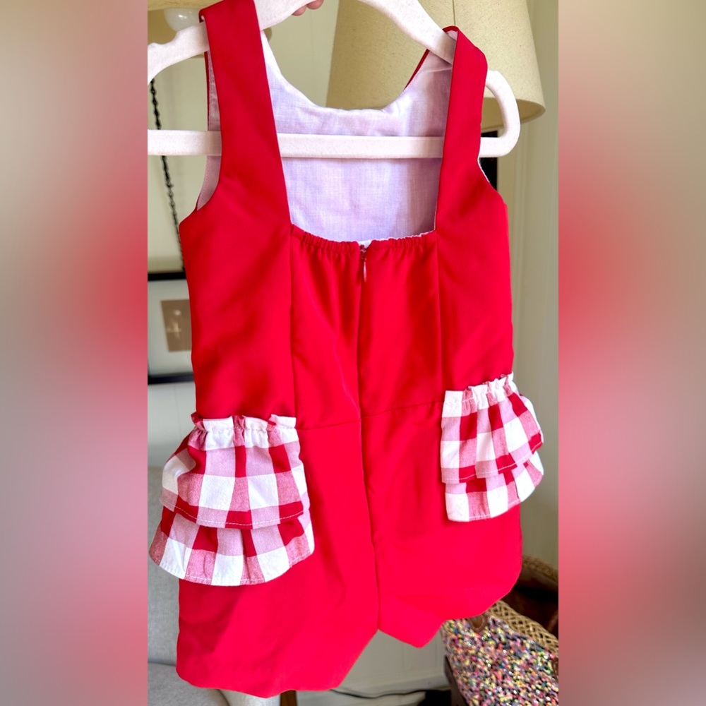 Red Gingham Ruffle Toddler Jumpsuit. - Picture 3 of 5